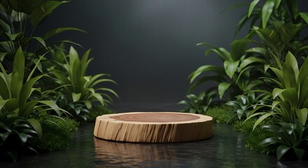 Rustic wooden log podium surrounded by lush green foliage and water reflections