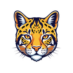 Vibrant Ocelot Head Mascot Illustration with Bold Lines and Spotted Fur.