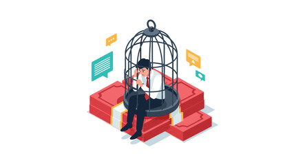 Fototapeta premium Businessman trapped in a cage on money representing financial burden or debt.