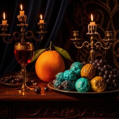 Victorian Still Life With Grapes Oranges and Candles