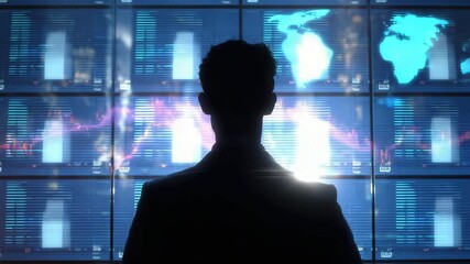 Silhouette man digital screen data technology world map futuristic business analysis finance stock market graph global monitor office professional information communication investment trading modern - Powered by Adobe
