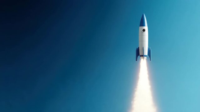 Rocket launch with bright flame and smoke trail against clear blue sky, symbolizing innovation and exploration space technology futuristic spacecraft flight with white smoke, showcasing advanced