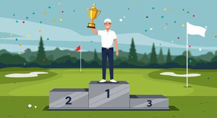 Joyful golf champion stands proudly on the first-place podium, raising a golden trophy amidst falling confetti, celebrating a triumphant win on the course