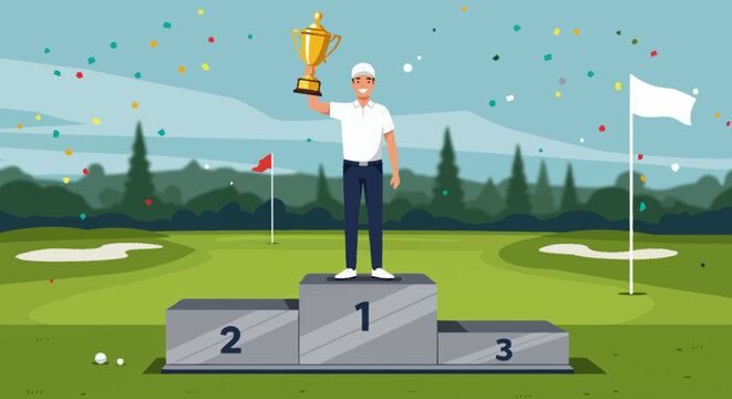 Joyful golf champion stands proudly on the first-place podium, raising a golden trophy amidst falling confetti, celebrating a triumphant win on the course
