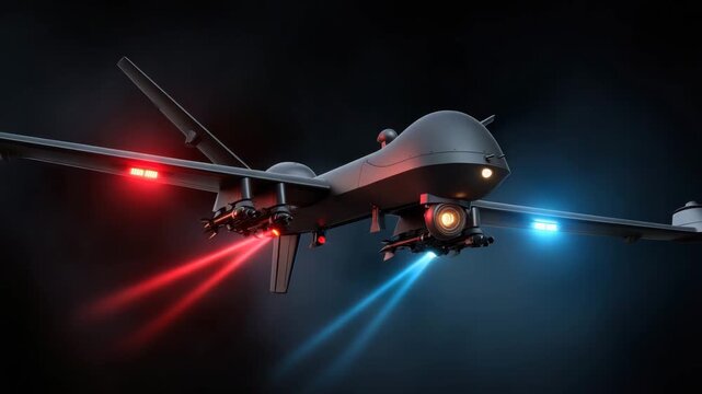 Unmanned aerial vehicle flying night with red and blue lights, equipped with surveillance camera and weapon, advanced drone technology and military aircraft showcasing futuristic flying capabilities