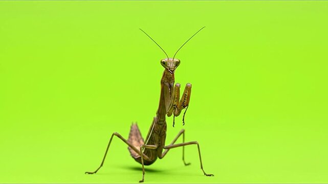 A praying mantis stands upright and alert, facing forward against a bright, solid green background, showcasing its unique form.