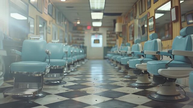 Classic Barber Shop Interior with Rows of Chairs and Mirrors.