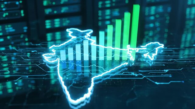 Glowing Digital Map of India with Rising Bar Chart Showcasing GDP Growth and Economic Advancement Amid Futuristic Data Servers and Technological Transformation