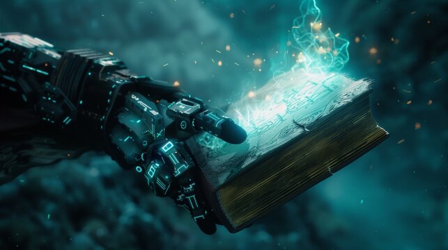A robotic hand holds an open book emitting bright light