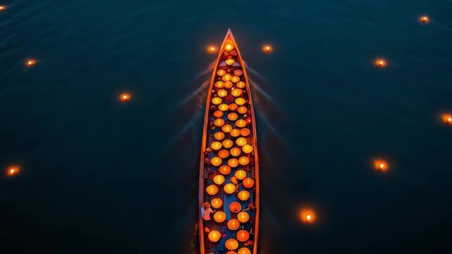 Vibrant kartik purnima celebration with traditional boat filled with glowing marigold lamps floating on serene dark water for dev diwali guru nanak jayanti deep daan shiva vishnu