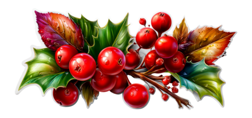 Vibrant Red Berries and Green Leaves with Autumn Foliage on Transparent Background