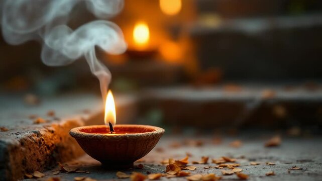 Auspicious clay diya with whispering smoke illuminating stone steps for sacred kartik purnima celebration for dev diwali guru nanak jayanti deep daan shiva vishnu