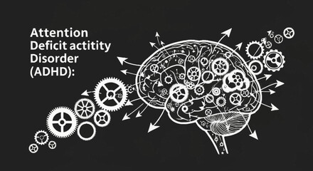 Attention Deficit Hyperactivity Disorder (ADHD) brain concept with gears and arrows representing cognitive function and neurological processes