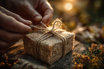 Ethical Autumn Gifting, eco-wrapped burlap gift tied with jute string in forest golden hour light, placed on rustic wood with soft textures and sustainable aesthetic, symbolizing intentional seasonal