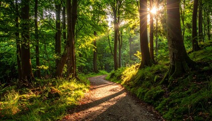Obraz premium Sunlit Forest Path - A Serene Journey Through Natures Embrace.