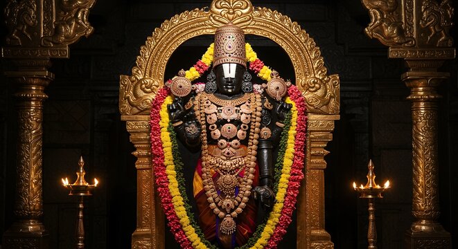 Venkateshwara Idol Decorated with Ornaments in Temple Lighting