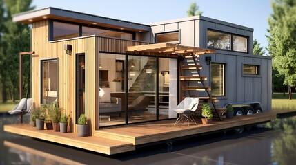 Modern tiny house design with wooden cladding and large glass windows by the lake