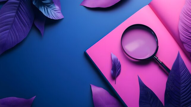 Purple Leaves and Magnifying Glass on Pink and Blue Background
