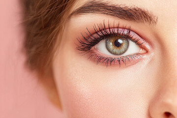Obraz premium A close-up of a woman's eye with long lashes, showcasing a striking iris against a soft pink background.