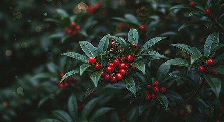 Red berries lush foliage closeup