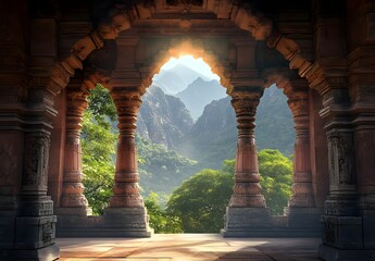 Ancient Temple Gateway with Mountain View