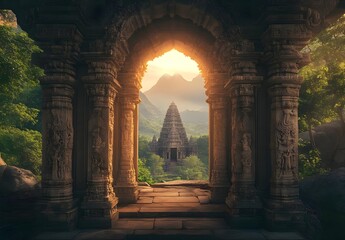 Ancient Temple Archway at Sunset