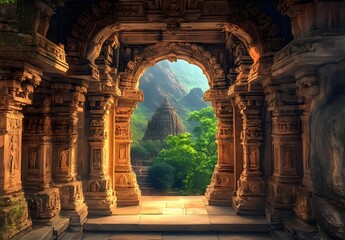 Ancient Temple Archway with Mountain View