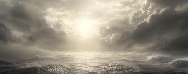Dramatic Seascape with Misty Mountains and Heavenly Light