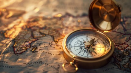 Brass compass atop a detailed map of Africa illuminated by warm light