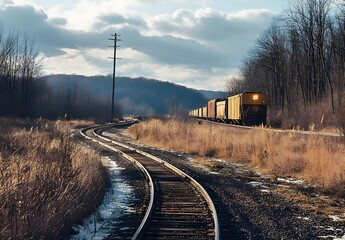 Freight Train on Winding Tracks Through Winter Landscape