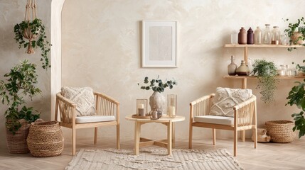 Cozy Bohemian Living Room with Wicker Chairs and Natural Decor