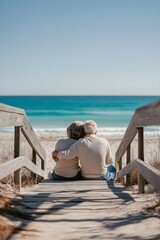 Senior Couple Embracing on Beach Walkway