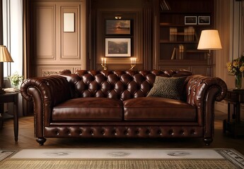 Luxurious Brown Leather Chesterfield Sofa in Classic Interior