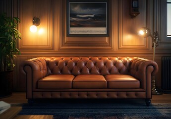 Luxurious Brown Leather Chesterfield Sofa in a Classic Study