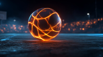 Glowing basketball on a dark court with blurred crowd in the background