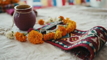 Traditional Peruvian Belt Adorned with Marigolds and Chicha Morada for Independence Day Celebration