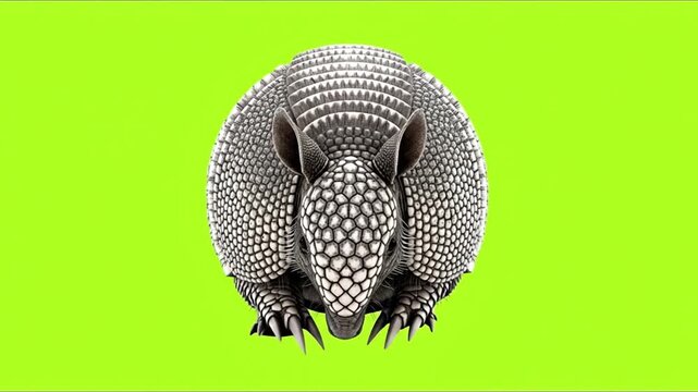 A three-banded armadillo curled into a protective ball, facing the camera on a vibrant green screen background.