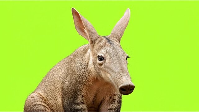A close-up shot of an aardvark with its distinctive long snout and large ears, sitting against a vibrant green background.
