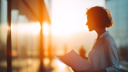 Woman at Sunset Reviewing Documents Near Building, Embracing Opportunity