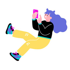 ポップでカラフルなZ世代の若者　スマホを使う女性のイラスト