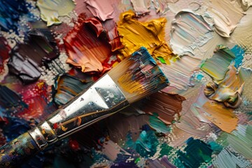 Paintbrush rests on a palette of diverse paint colors