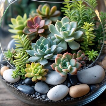 Vibrant and diverse succulent collection beautifully arranged inside a glass container