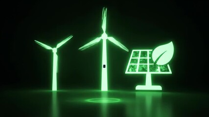Glowing Green Holographic Icons of Wind Turbines, Solar Panels, and Oil Barrels Represent Renewable Energy, Sustainability, and Transition to Green Solutions - Powered by Adobe