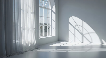Obraz premium Sunlit Serenity A Minimalist Interior with Arched Window and Sheer Curtains Casting Gentle Shadows on a White Wall and Floor Creating a Peaceful Atmosphere