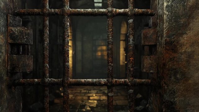 Dark, rusty prison cell with dim lighting and shadows