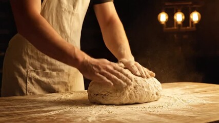 Artisan Baker Skillfully Kneading Dough on a Wooden Table, Flour Dusting the Air in a Warmly Lit Kitchen.