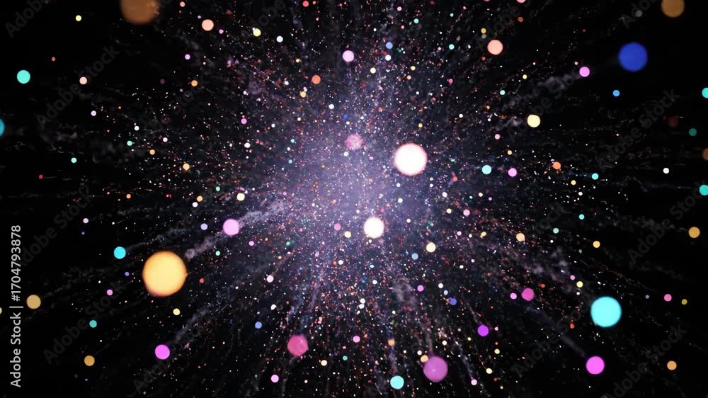 Poster vibrant explosion of multicolored particles and light radiating outward against dark background crea