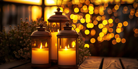 Warm glow of candles in lanterns creates a cozy and inviting atmosphere on a rustic wooden surface.