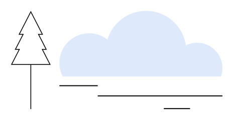 Pine tree beside soft blue cloud above horizon lines creating calm, scenic landscape. Ideal for nature, minimalism, outdoors, tranquility, environments, simplicity art. Simple flat metaphor