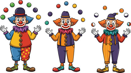 Colorful cartoon clowns juggling multiple balls in circus performance, playful vector illustration for entertainment, festival, carnival, and children’s party themes